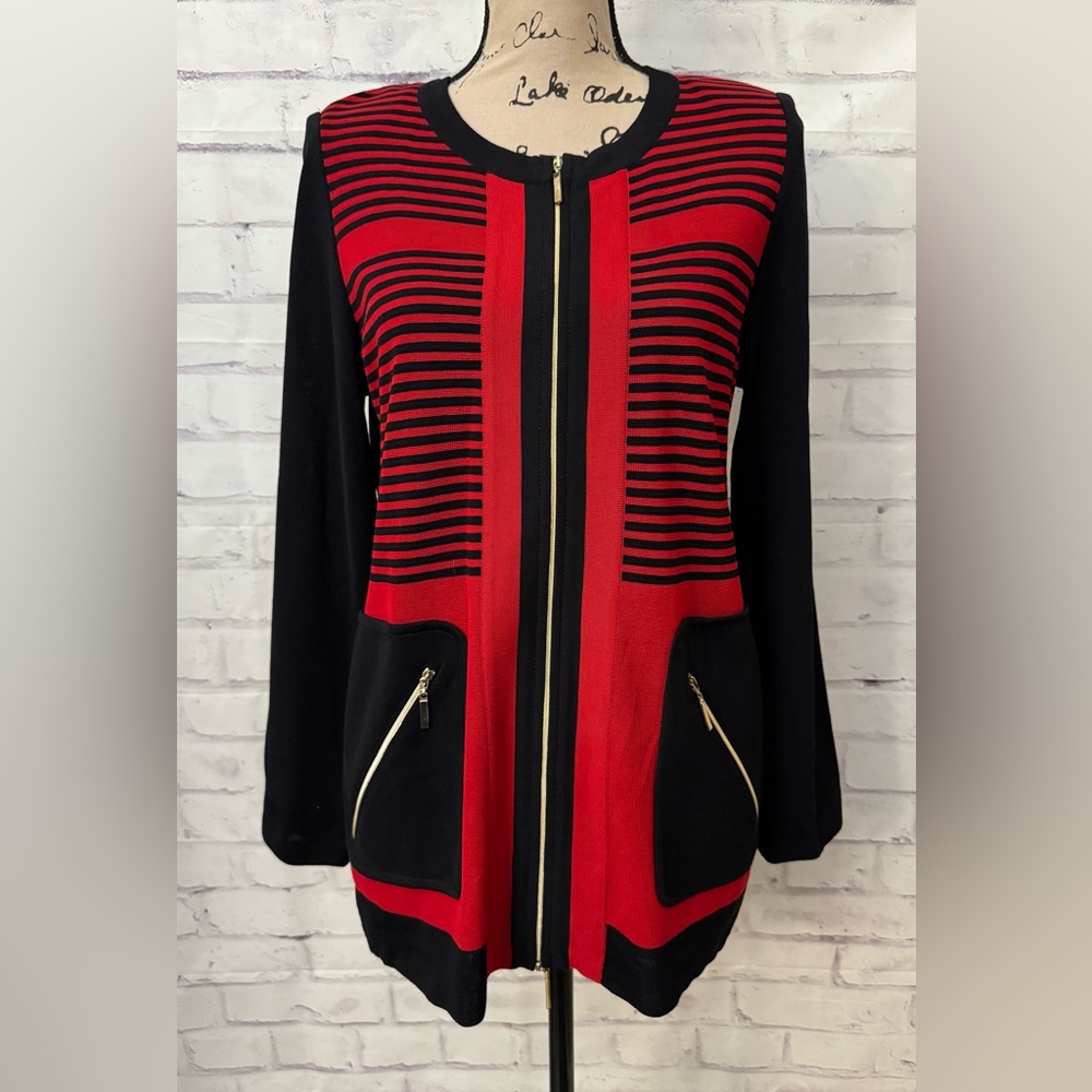 Exclusively‎ Misook Small Red Black Striped Full Zip Cardigan Sweater Mature